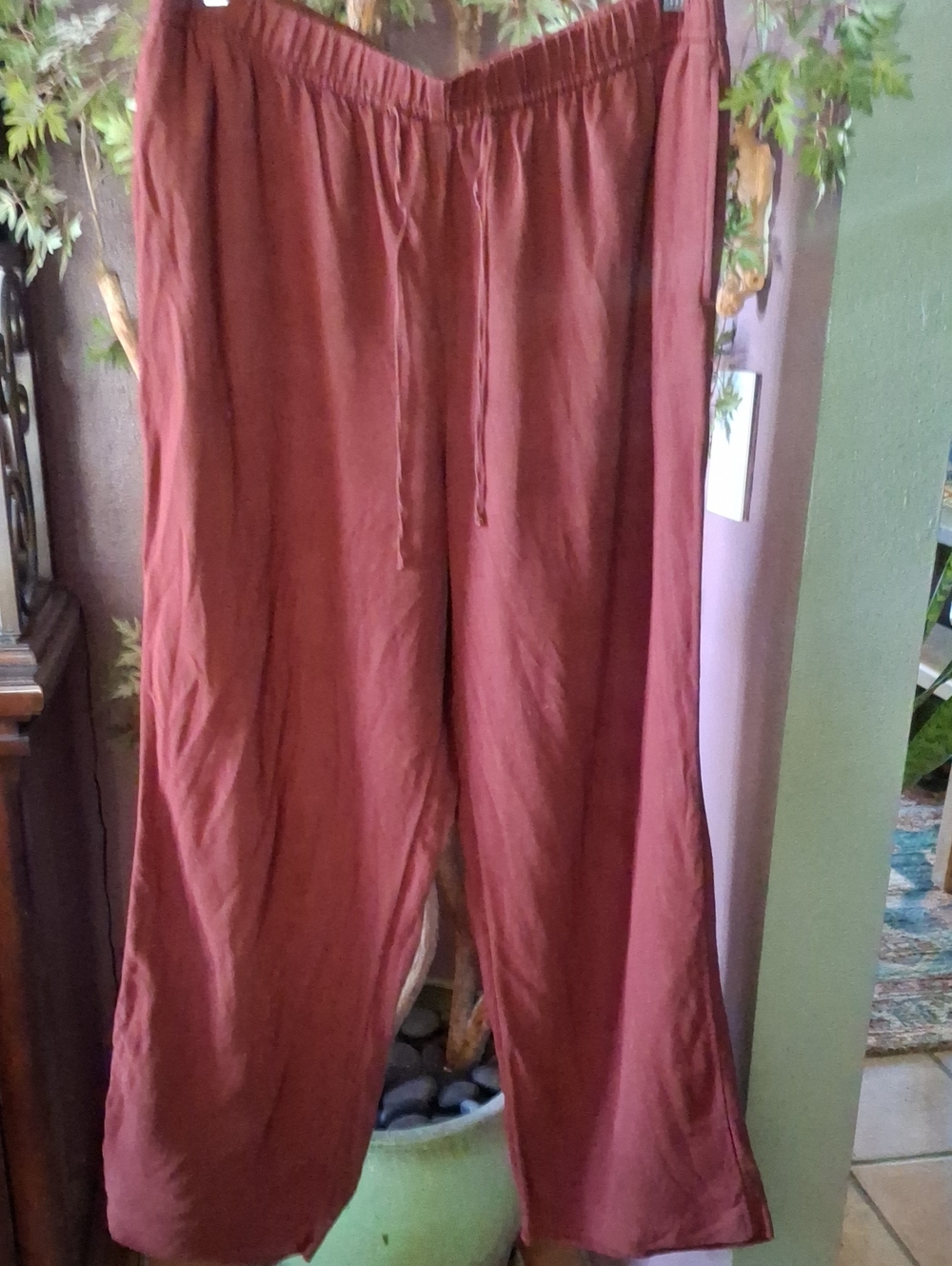 H & M Rust Linen Wide-Leg Drawstring Pants